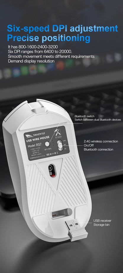 SMAILWOLF RS7 Bluetooth trådløs gamingmus, tre tilstande, PAW3311, makroprogrammerbar mus til laptop, gaming og kontor