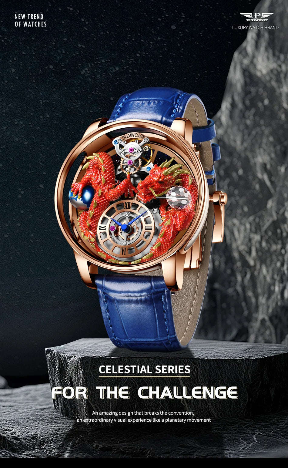 PINDU Fashion Roman Numeral Display Mineral Tempered Glass Material Quartz Movement 3ATM Waterproof Celestial Dragon Men's Watch