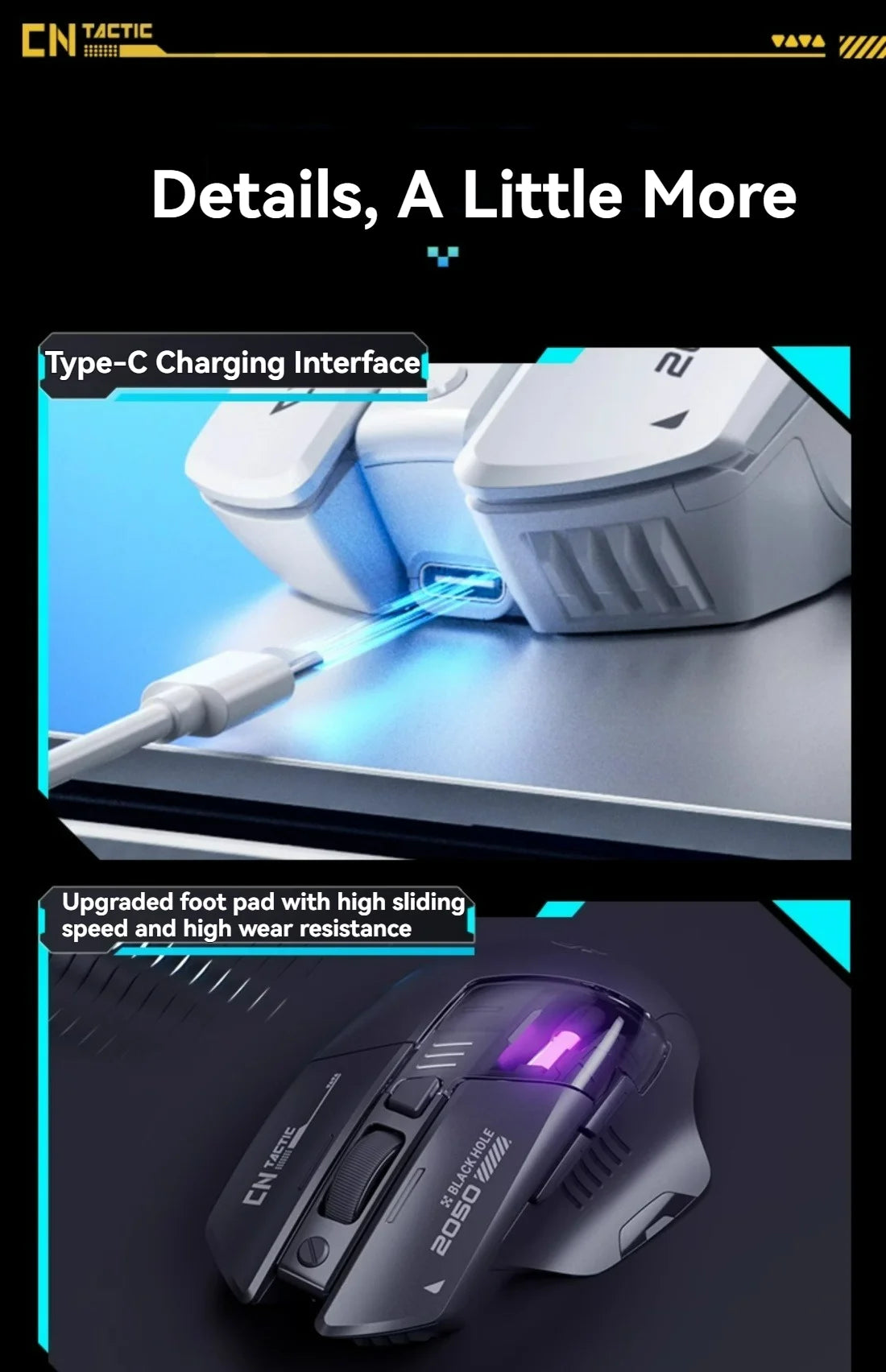 Inphic A9 Pro gamingmus med tre tilstande, farverig lysguide, strømindikator, justerbar DPI, makrodriver, ergonomisk, 12800DPI