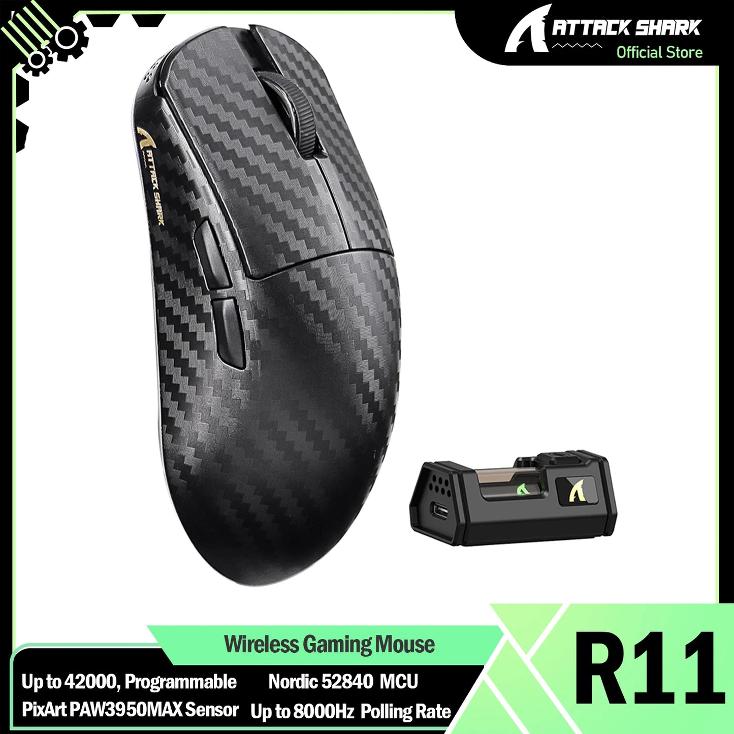 ATTACK SHARK R11 ULTRA 49g kulfiber 8000Hz trådløs gamingmus, 42000 DPI, 20000 FPS, PAW3950MAX, Nordic 52840-chip