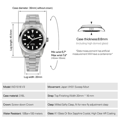 Watchdives WD1016 V3 Quartz Watch 37mm Stainless Steel Case Sapphire Vintage Watch  VH31 Sweep Movemet 100m Waterproof Men Watch