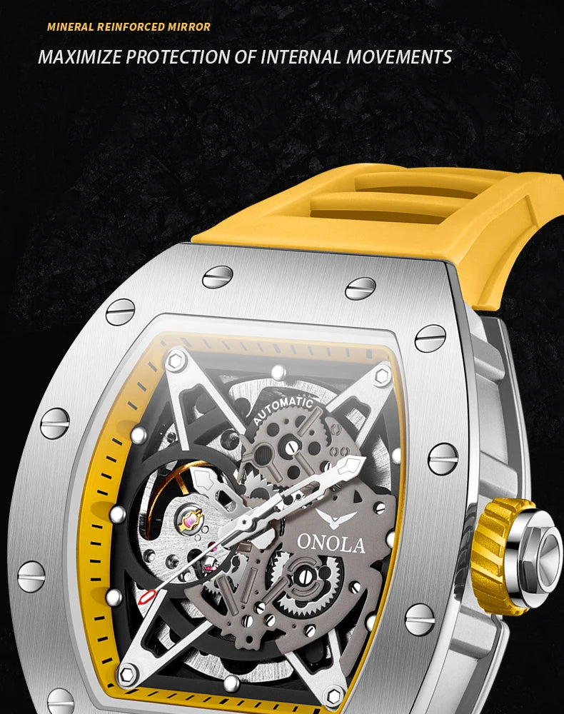 ONOLA Luxury Automatic Watch Men Fashion Hollow Silicone Waterproof Mechanical Watch Men Military Sports Watch Clock