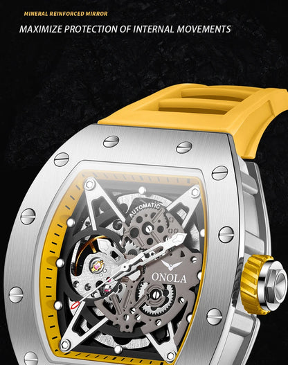 ONOLA Luxury Automatic Watch Men Fashion Hollow Silicone Waterproof Mechanical Watch Men Military Sports Watch Clock