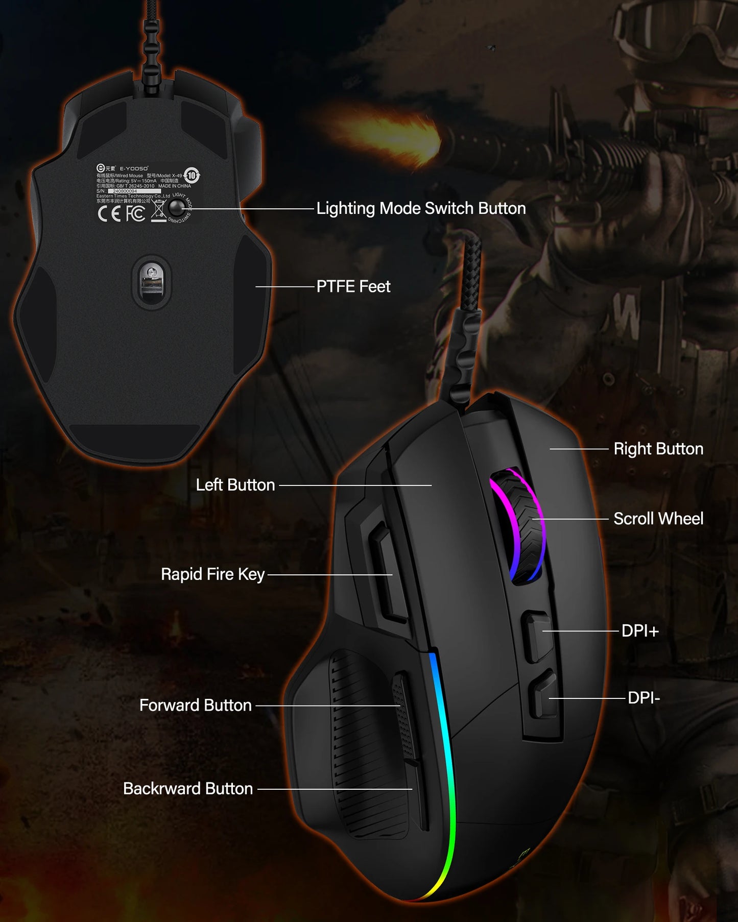 Drátová herní myš E-YOOSO X49, nastavitelných 12400 DPI, RGB podsvícení, 8 programovatelných tlačítek, ergonomická myš pro hráče na PC a notebook