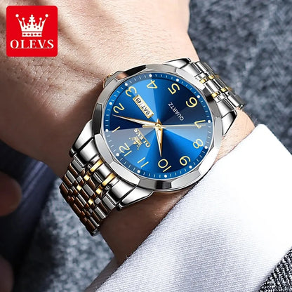 Relógio de homem OLEVS 9970 – Modelo elegante com mostrador digital, indicação da data e do dia, resistente à água, luminescente, de quartzo – Relógio de luxo original