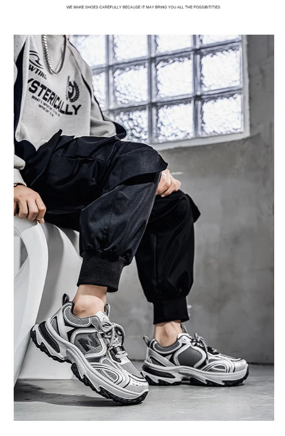 Unisex Trendy Chunky Dad Sneakers Silver Black Retro Couple Breathable Mesh Casual Platform Shoes