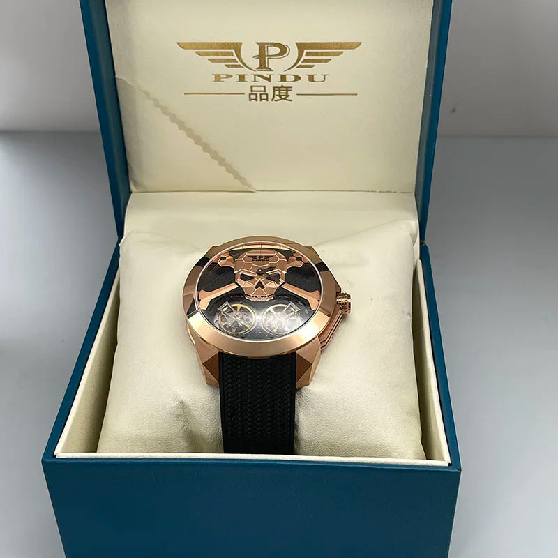 PINDU Watch New TOP Men Mechanical Watches Double Flywheel Automatic Movement Sapphire 5ATM Waterproof 45.5MM Wristwatches Men