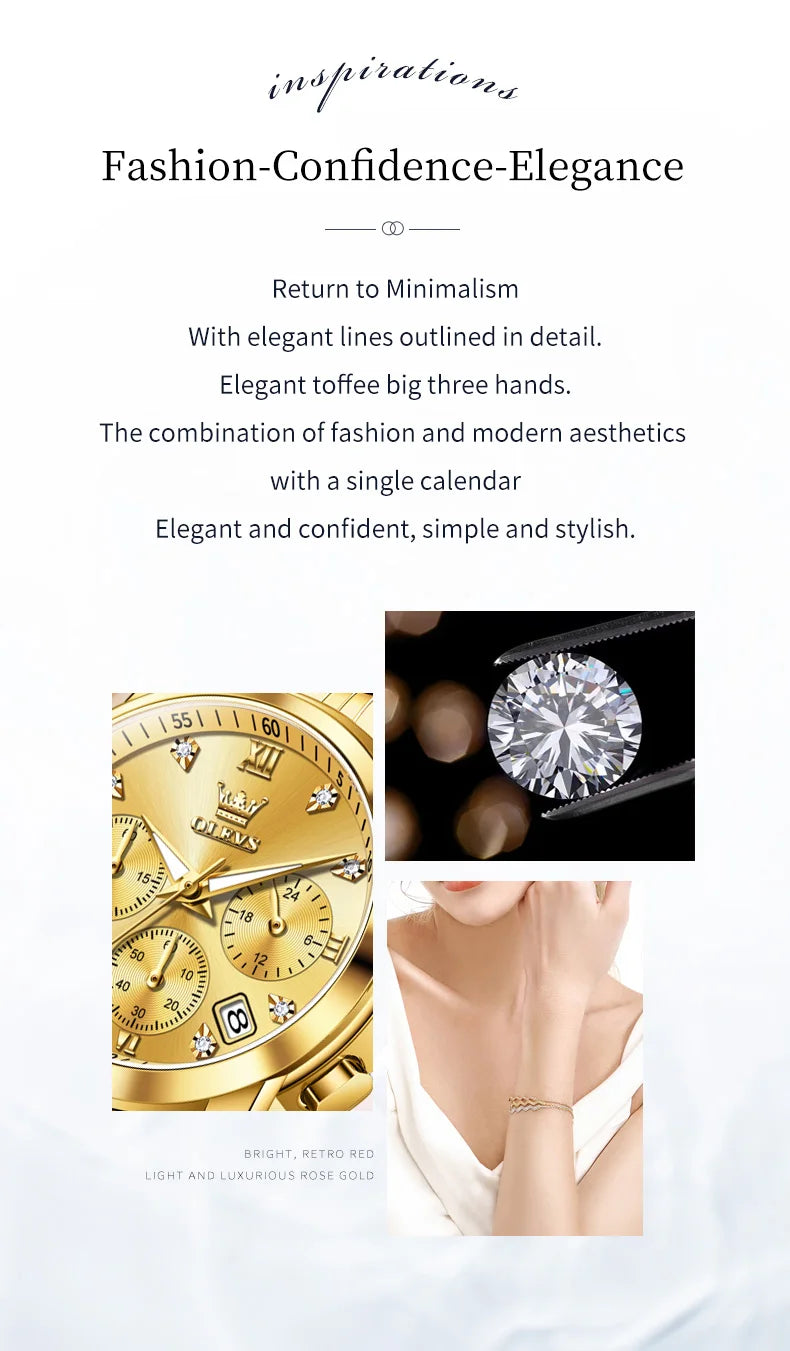 OLEVS 2858 Chronograph Quartz Wristwatches for Woman Fashion Elegant Classic Auto Date Waterproof Stainless Steel Women's Watch