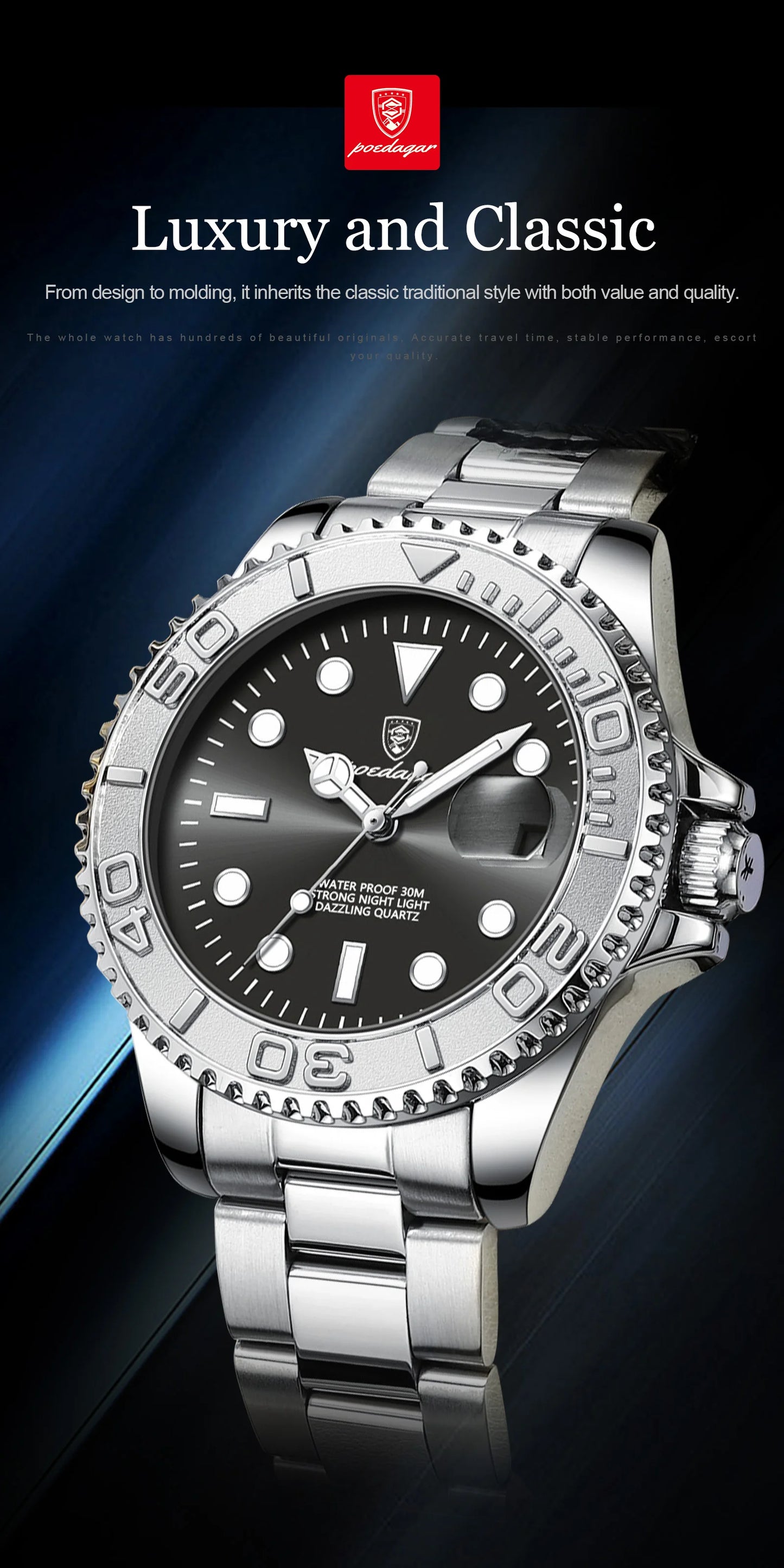 POEDAGAR Luxury Men's Watch Stainless Steel Date Quartz Fashion Watches For Man Waterproof Luminous Business Male Watch+Box Gift