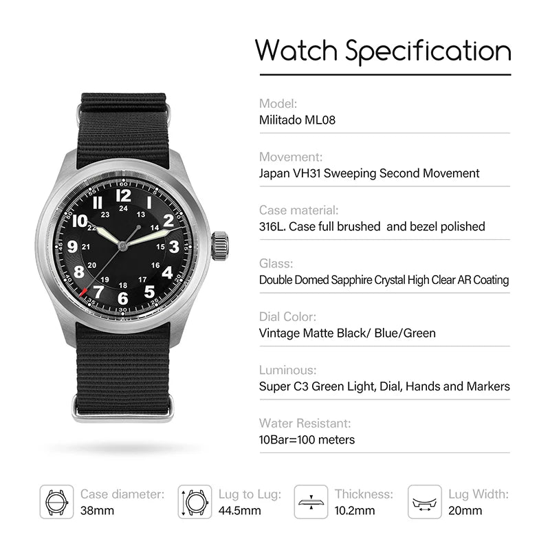 Militado ML08 Vintage Black Watch VH31 Sweep Quartz Wristwatch Ar Sapphire Crystal Luminous C3 BGW9 100 Waterproof Watches Man