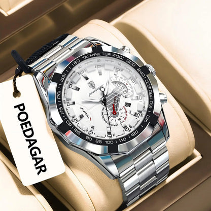 Relógio de luxo para homem POEDAGAR, estanque, luminoso, com data, desportivo, bracelete em aço inoxidável, movimento de quartzo.