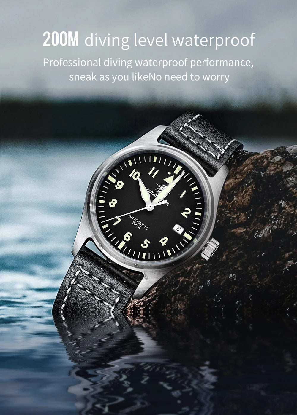 ADDIESDIVE Men's Automatic Mechanical Diving Watch 200m Waterproof C3 Ultra Bright Men's Watch Men's Leather Retro Watch AD2519