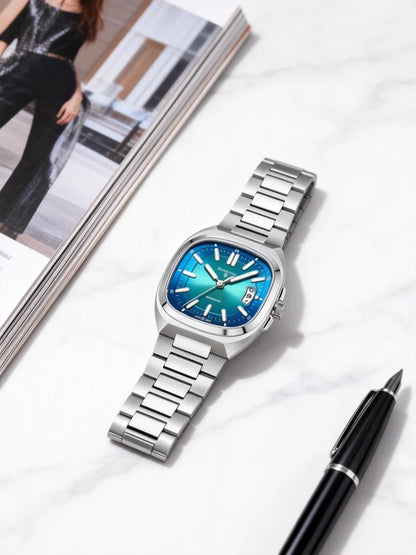 Shanghai Watch Automatic Mechanical Square Dial Men's Watch Luminous Water-Resistant to 50m Date Display Casual Wristwatch SH018