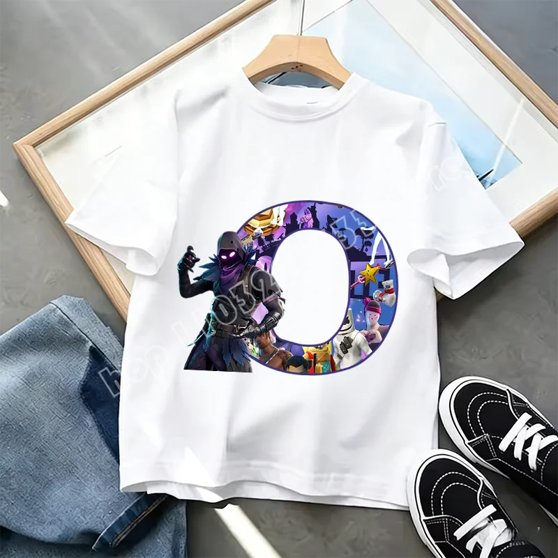 Tricou Fortnite cu imprimeu alfabet A-Z, de vară, pentru copii, alb, îmbrăcăminte cu joc cartoon popular, tricou fashion casual cu mânecă scurtă, cadou