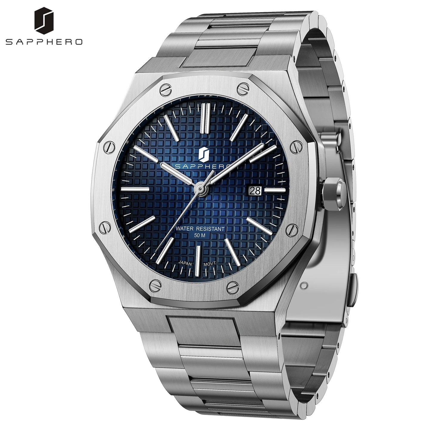 SAPPHERO Men’s Analog Watch Stainless Steel Japan Quartz Movement Date Display 50m Waterproof Classic Business Casual Wristwatch