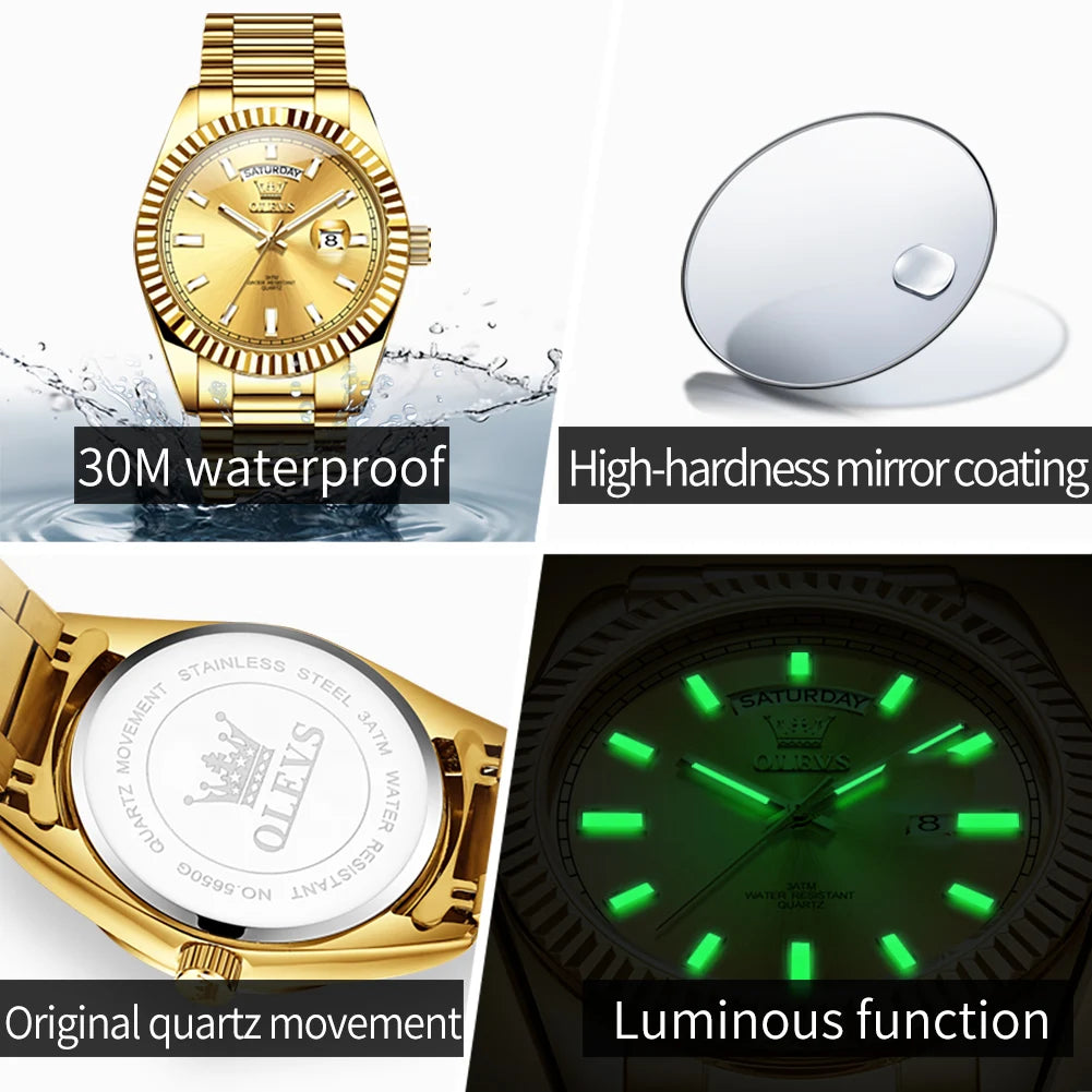 OLEVS 5650 Quartz Men's Watches Unique Week Calendar Display Luxury Brand Original Watches for Men Luminous Waterproof Man Watch