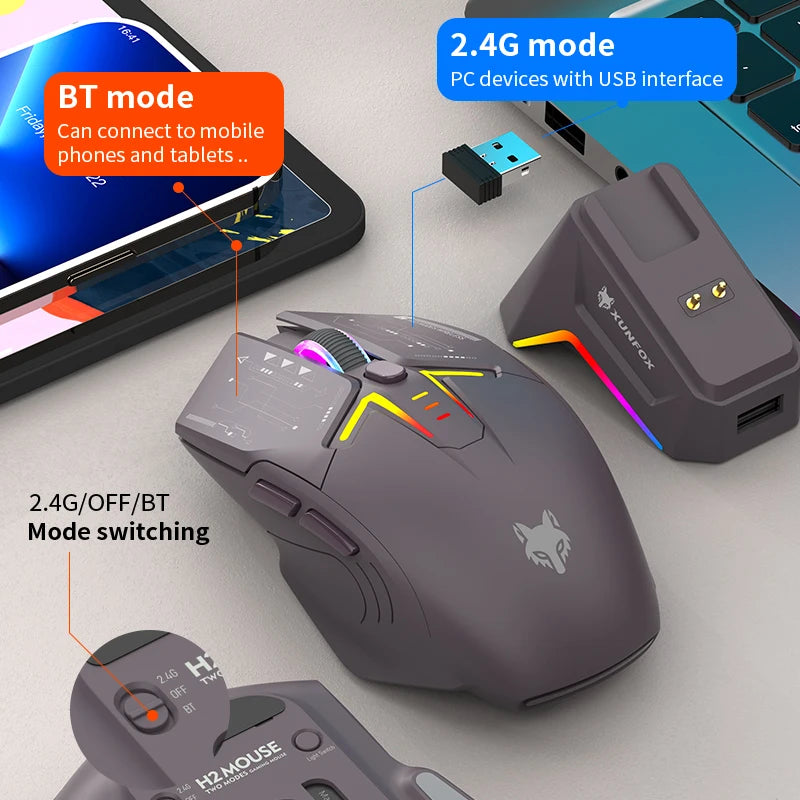 XUNSVFOX H2 trådløs Bluetooth-mus med dual-mode, RGB-lyseffekt, til laptop, gaming og kontor, med magnetisk opladning