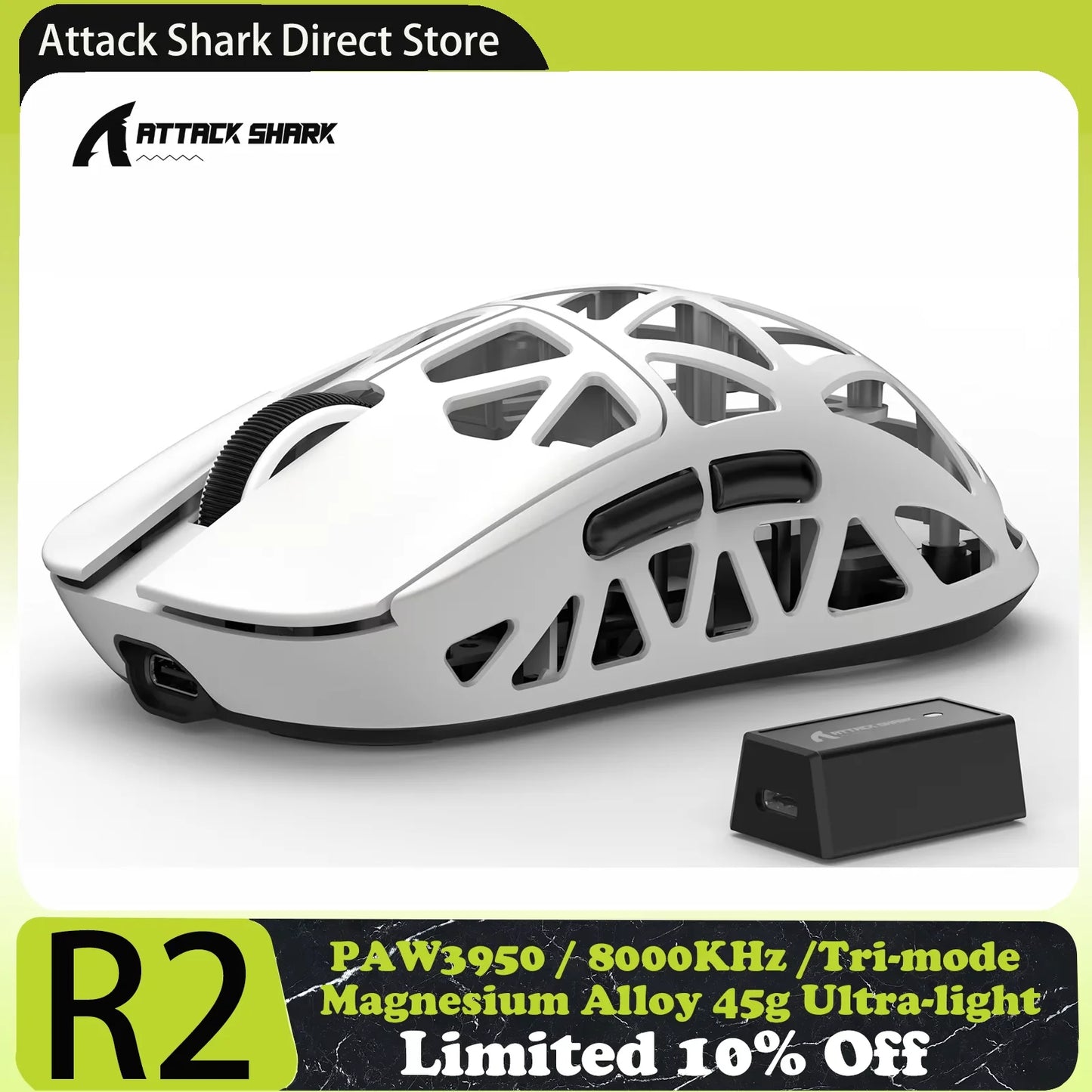Геймърска мишка ATTACK SHARK R2 от магнезиева сплав, PAW3950, три режима, 8000hz, 42000 DPI, ултралека 45g, микропревключватели за 100M клика