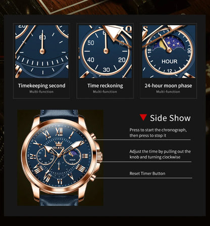 OLEVS 3632 Men Watch Elegant Luxury Sport Quartz Watch Scale Waterproof Luminous Automatic Date Moon Belt Watch Gifts Original