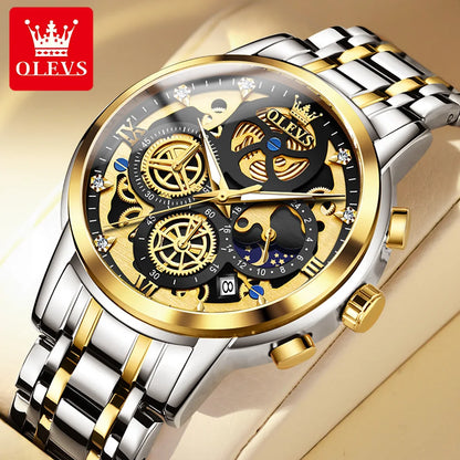 Montre pour homme OLEVS – Modèle de luxe, étanche, à quartz, style squelette, affichage 24 heures (jour/nuit), coloris doré