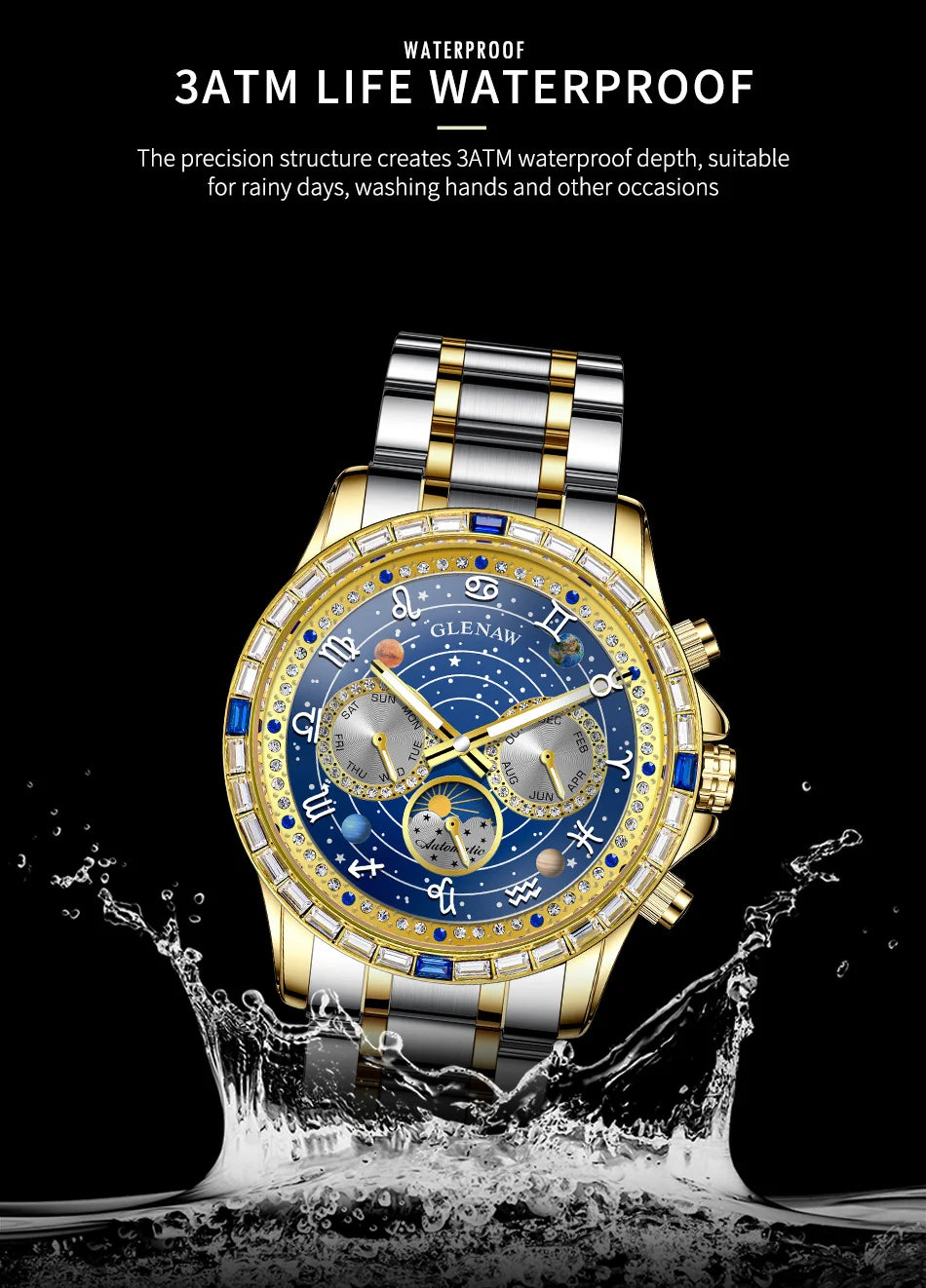 Glenaw high-end business fully automatic mechanical multifunctional men's watch fashionable waterproof luminous watch