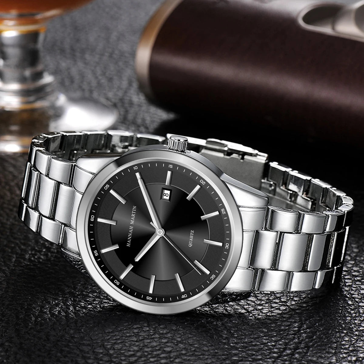 Montre à quartz HANNAH MARTIN, 40 mm, pour homme, bracelet en acier inoxydable noir, étanche 3 bars, style sport-chic
