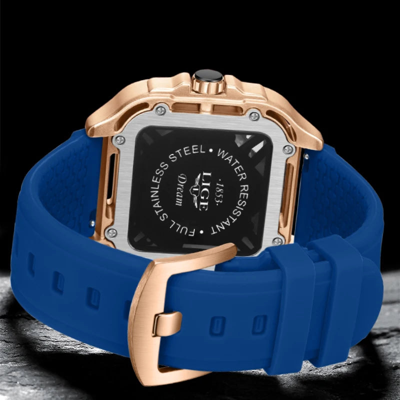 LIGE New Fashion Men Watches Luxury Large Dial Square Design Quartz Watch Casual Silicone Band Men's Sports Watches Reloj Hombre