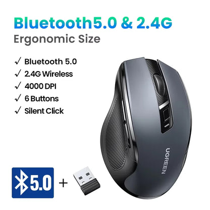 UGREEN bežični miš Bluetooth 5.0, ergonomski miš 4000DPI sa 6 tihih tipki, miš za MacBook, tablet, prijenosna računala, računalo PC, 2.4G miševi