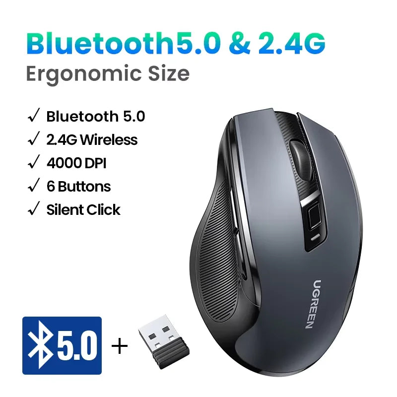 UGREEN belaidė pelė Bluetooth5.0, ergonomiška 4000DPI pelė su 6 tyliais mygtukais, skirta MacBook, planšetėms, nešiojamiesiems kompiuteriams, kompiuteriams ir PC, 2.4G pelė