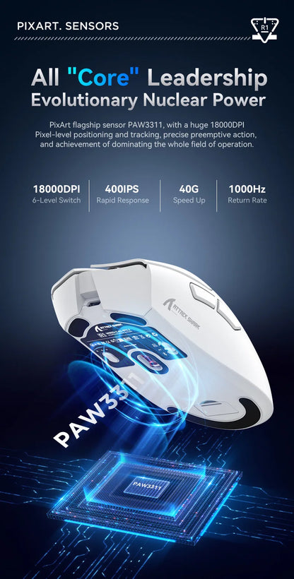 Mouse de gaming wireless Attack Shark R1 Lightweight Bluetooth 2.4G, PAW3311, 18000DPI, ergonomic, cu macrocomenzi