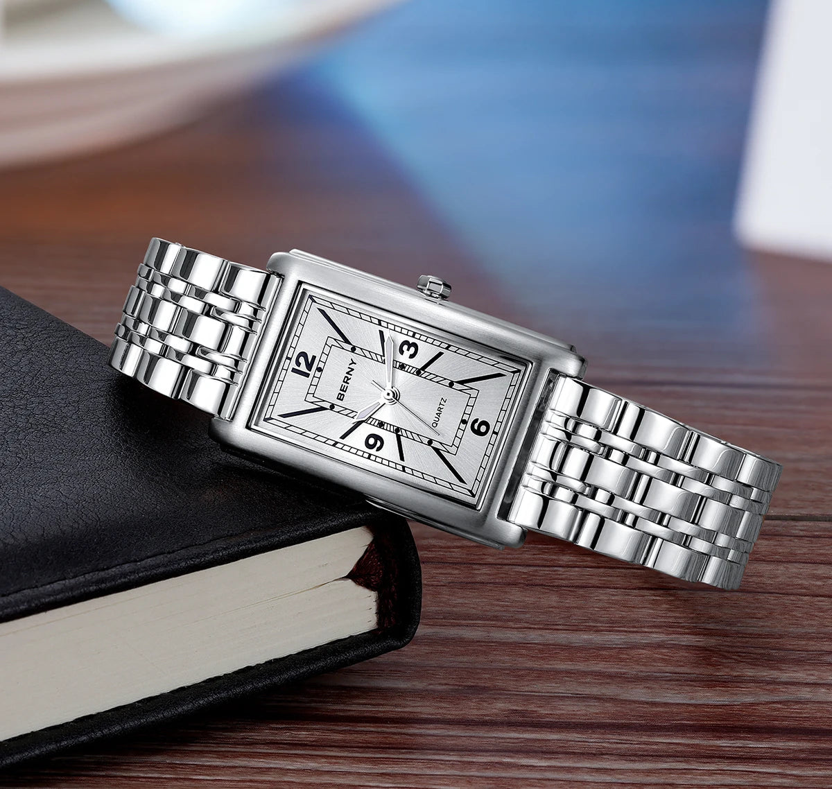 Montre carrée pour homme BERNY – Mouvement à quartz, cadran à chiffres romains, affichage luminescent, boîtier en acier inoxydable 316L – Montre rectangulaire élégante et décontractée