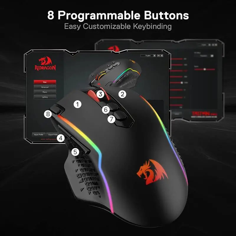 Redragon M810 Pro Wireless Gaming Mouse, 10000 DPI Wired Gamer Mouse with Rapid Fire Key, 8 Macro Buttons, Black/White Mouse