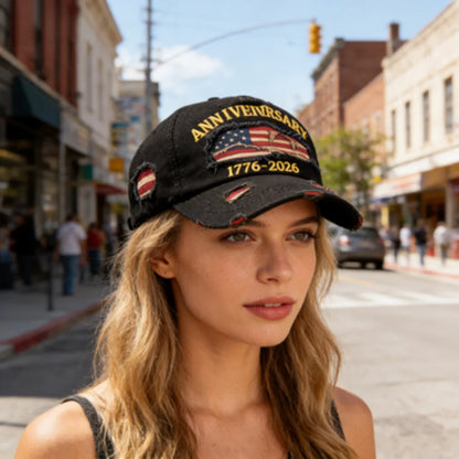 Vintage USA Flag 250th Anniversary 1776-2026 Distressed Denim Baseball Cap Adjustable Patriotic Dad Hat for Men Women