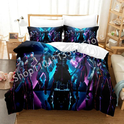 F-Fortnite 3PCS Bedding Set Battle Royale Kids Duvet Cover Quilt Pillowcase Double Size Victory Game Bedroom Linen Decoration