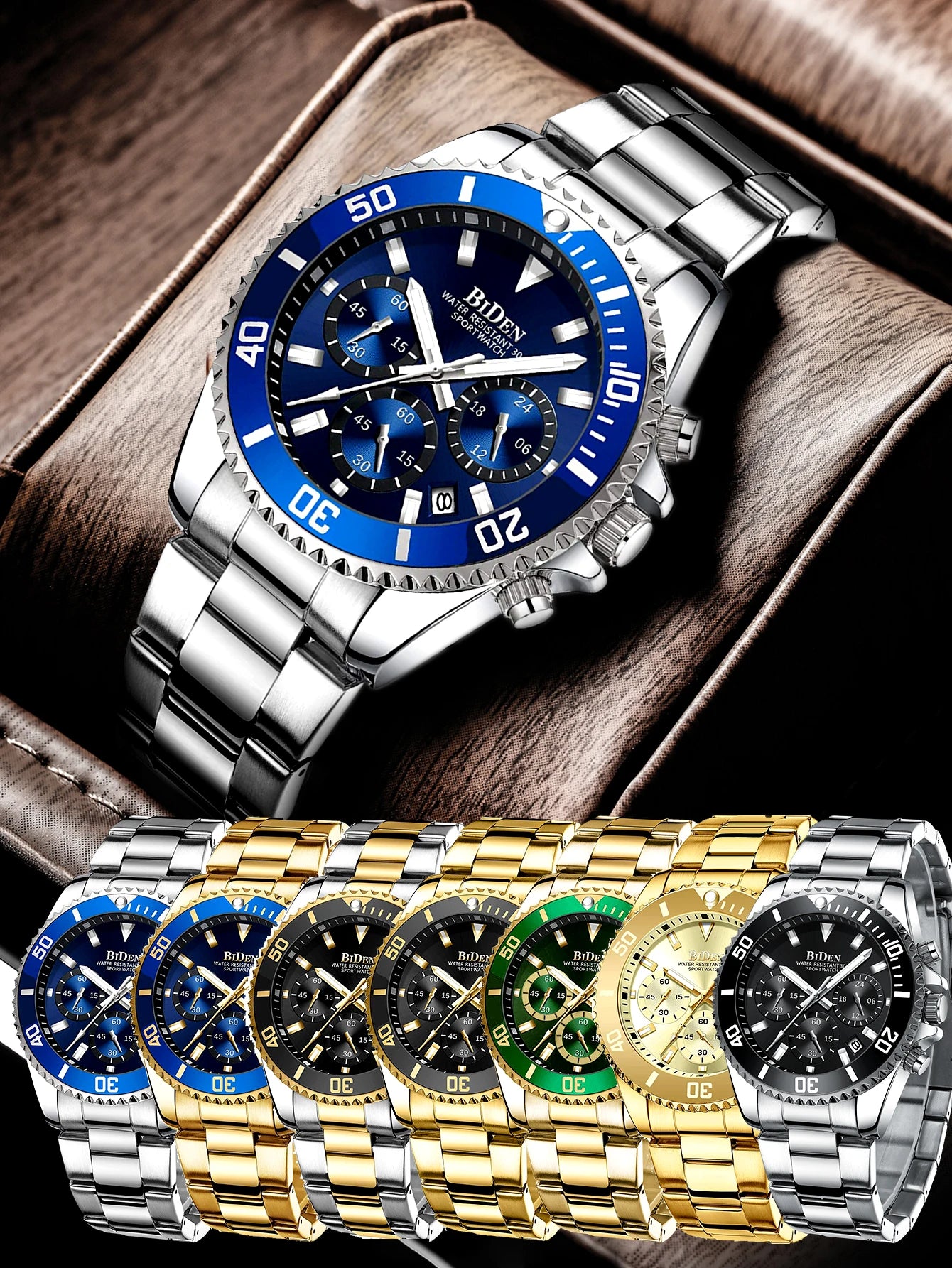 BIDEN Multi functional men's quartz watch luxury waterproof night light business style diving series casual fashion watch