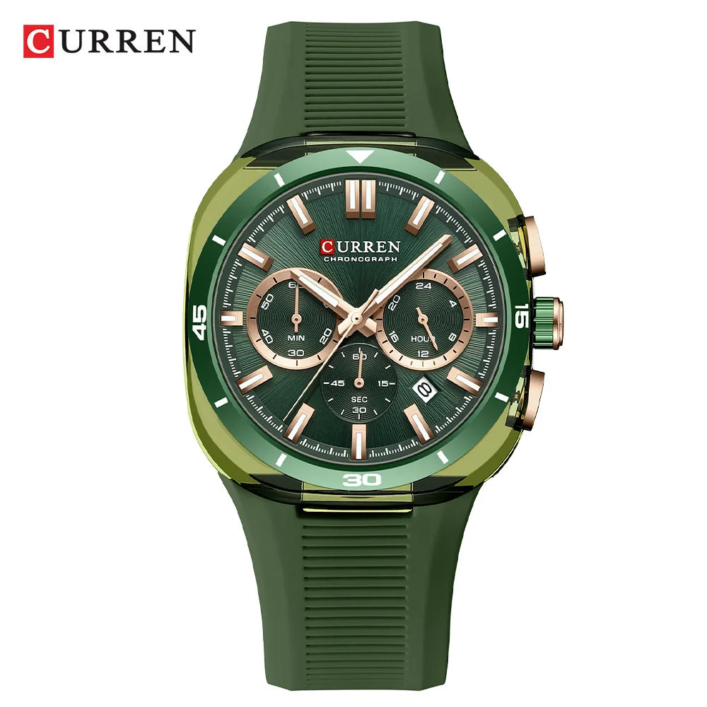 Relógio de homem CURREN – Novo modelo de luxo com movimento de quartzo, bracelete em silicone, estilo desportivo, multifunções, à prova de água, luminoso, com indicação da data e cronómetro.