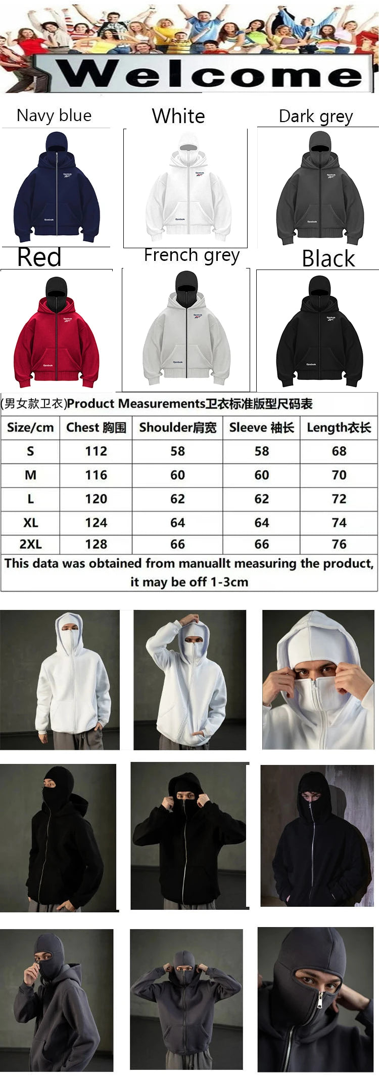 Reebok logo men's new double hood design sweatshirt, gothic style, Harajuku style, new winter warm double hooded sport jacket, m