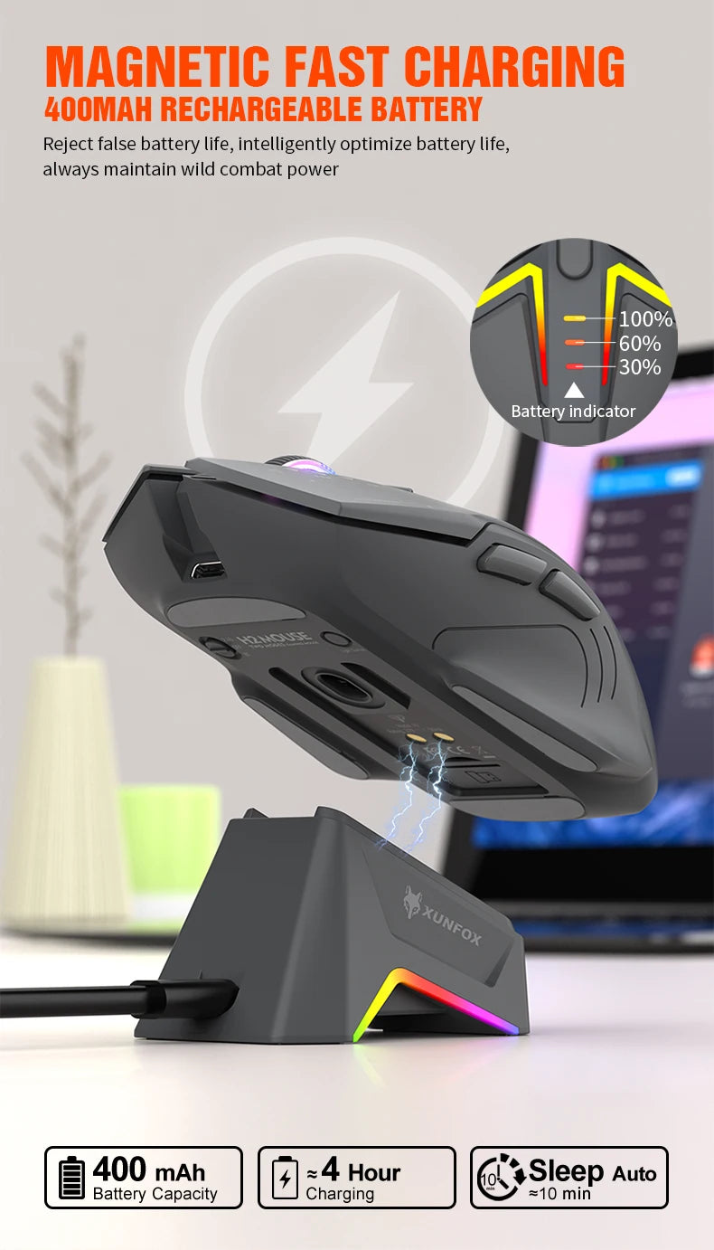 XUNSVFOX H2 trådløs Bluetooth-mus med dual-mode, RGB-lyseffekt, til laptop, gaming og kontor, med magnetisk opladning