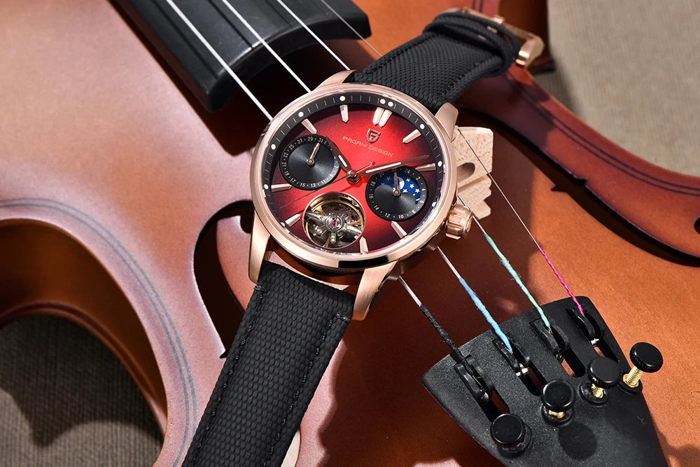 PAGANI DESIGN – Montre mécanique de luxe pour homme, 41 mm, verre saphir, bracelet en cuir, étanche, style pilote, avec tourbillon et phase de lune