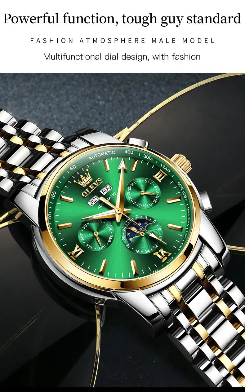 OLEVS 6633 Luxury Men's Watches Automatic Green Watch Men Stainless Steel Waterproof Business Sport Mechanical Wristwatch 6633