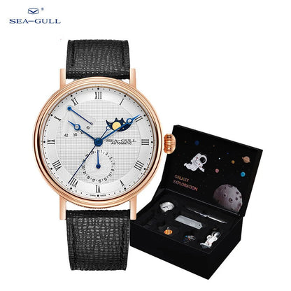Seagull Men's Business Wristwatch Moon Phase Leather Luxury Automatic Mechanical Men's Watches 50M Waterproof Relogio 6092