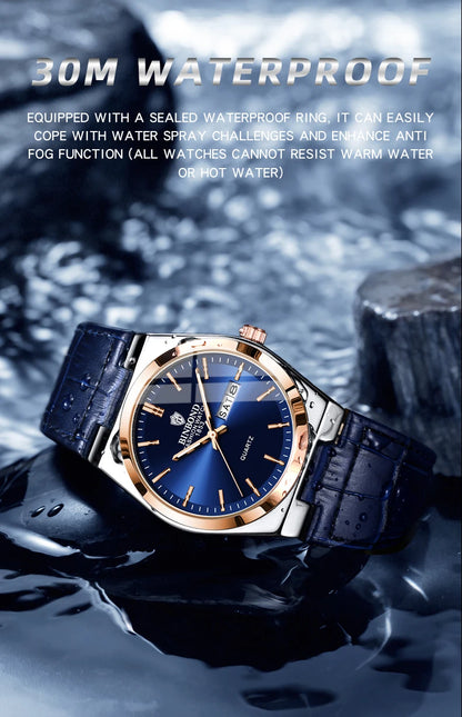 BINBOND Luxury leather strap quartz wristwatches precise luminous waterproof auto date week display durable men's watch reloj