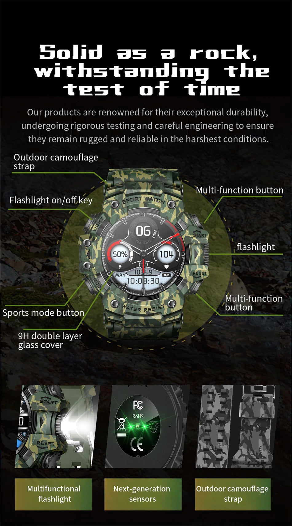 New Military Sports Smart Watch Men 100+ Sports Outdoor Fitness Compass Heart rate BT Call Waterproof Smartwatch For iOS Android