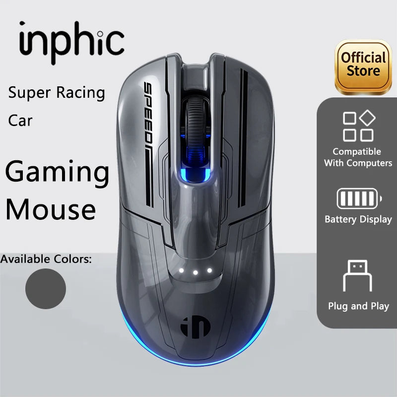 Bezdrátová Bluetooth herní myš INPHIC Super Racing Car Series s baterií 500mA, zobrazením stavu baterie a přizpůsobitelnými světelnými efekty