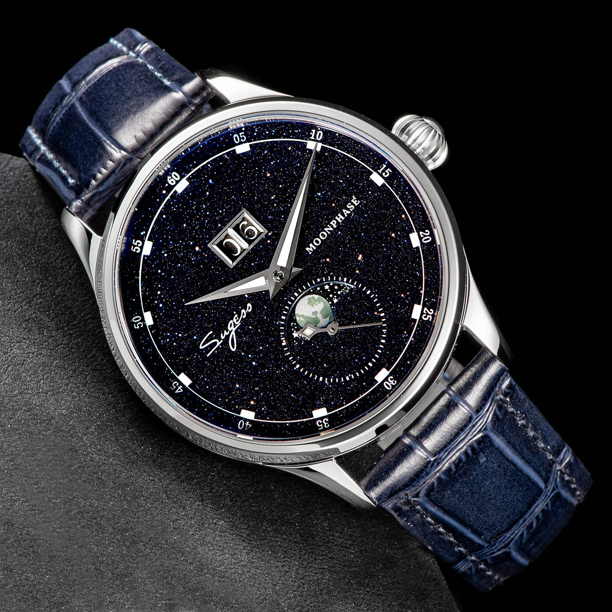 Sugess Moonphase Watch of Men 40mm Automatic Mechanical Wristwatches Origin ST2528 Movement Stainless Steel Blue Sandstone Dials