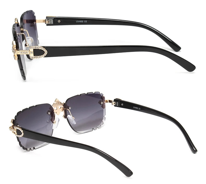 2025 Fashion Square Rimless Sunglasses For Women Cross Diamond Metal Frame Luxury Eyewear Cut Lens UV400 Shades Sun Glasses