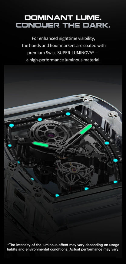 BONEST GATTI Automatic Movement Tourbillon Mechanical Wristwatch Crystal Case Luminous Watch Fluororubber Strap Watches for Men