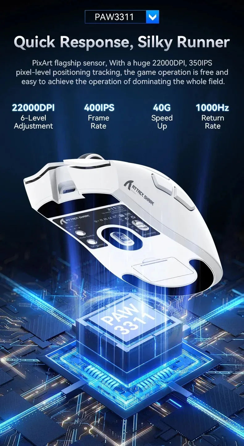 ATTACK SHARK X11SE ултралека безжична гейминг мишка, живот 20 милиона клика, PAW3311 Gaming, 22KDPI, 400IPS, 40G, 1KHz, 65 часа, 30mAH