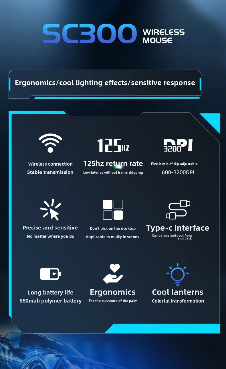 2025 Ny SC300 trådlös 2.4G gamingmus RGB 3200dpi uppladdningsbar tyst mekanisk e-sportmus för stationär dator och laptop