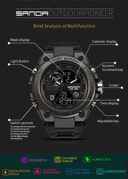 SANDA Top Luxury Watches Men Military Army Mens Watch Waterproof Sport Wristwatch Dual Display Watch Male Relogio Masculino
